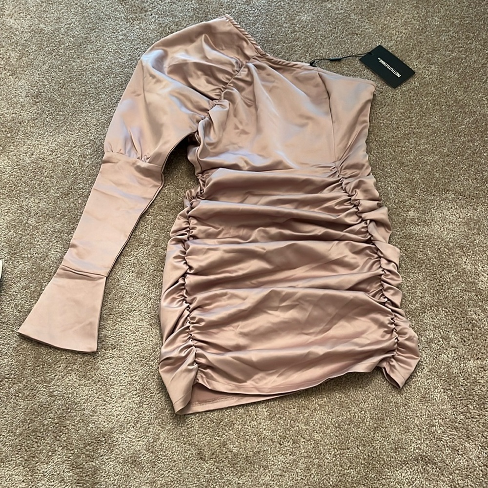 PrettyLittleThing One-Shoulder Ruched Satin Mini Dress in Mauve Pink